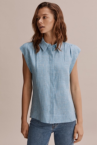 Aqua Organically Grown French Linen Check Shirt Natural Fibres