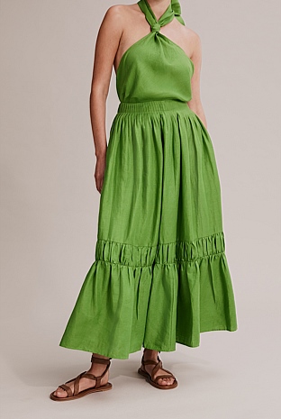 Vivid Green Organically Grown French Linen Ruched Tiered Maxi Skirt