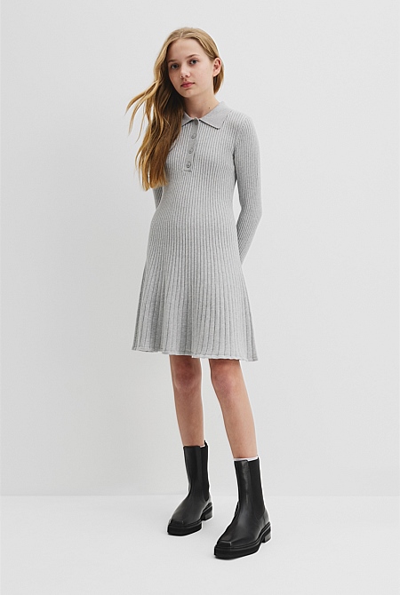 Teen Collared Long Sleeve Knit Dress