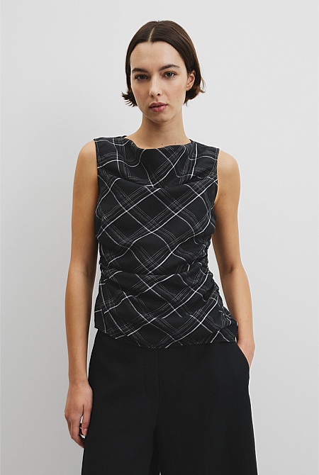 Organically Grown Linen Check Ruched Linen Tank