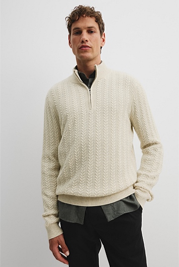 GCS-certified Cashmere Wool Cable Half Zip Knit