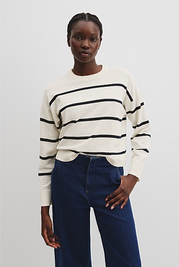 Organically Grown Cotton Linen Stripe Crew Neck Knit