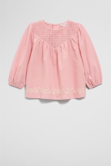 Long Sleeve Shirred Blouse