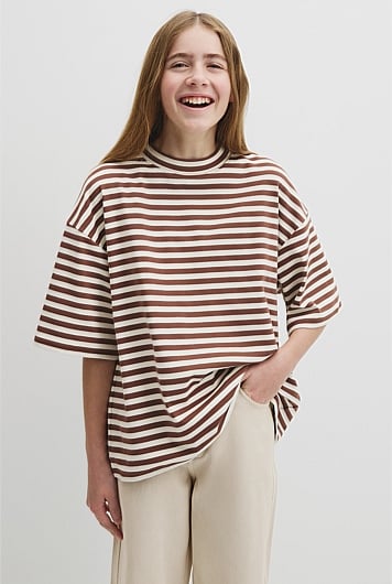Teen Australian Cotton Blend Short Sleeve Oversized Stripe T-Shirt