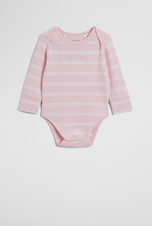 Organically Grown Cotton Stripe Logo Long Sleeve Bodysuit
