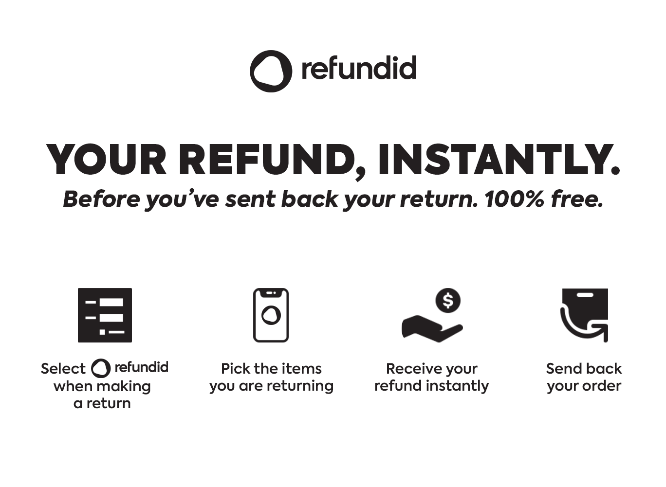 Refundid. Your refund, instantly. Before you've sent back your return. 100% free.             Select refundid when making a return.             Pick the items you are returning.             Receive your refund instantly.             Send back your order.