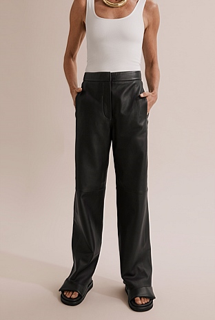 Black Wide Leg Leather Pant - Pants | Country Road