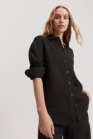 Black Organically Grown Linen Shirt - Natural Fibres | Country Road