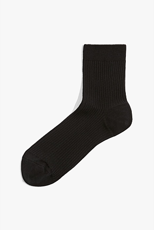 Black Australian Cotton Blend Ribbed Quarter Crew Sock - Socks & Tights ...