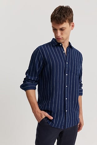 Navy Regular Fit Organically Grown Linen Pinstripe Shirt - Casual ...