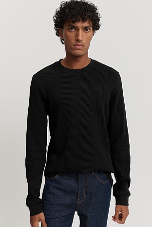 Black Australian Cotton Waffle Long Sleeve Crew Neck - T-Shirts ...