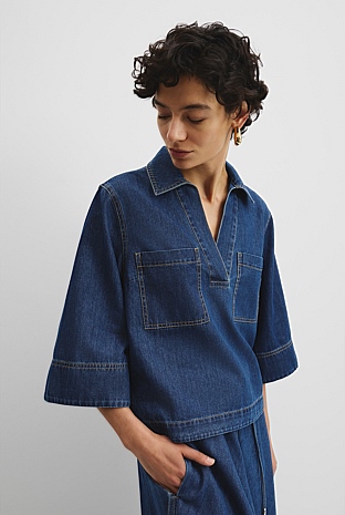 Washed Indigo Chambray Short Sleeve Popover - Shirts | Country Road