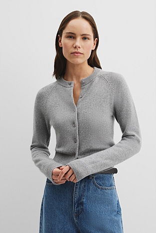 Light Grey Marle Cotton Cashmere Crew Neck Cardigan - Work | Country Road