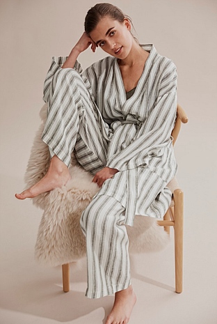 Khaki Linen Stripe Robe - Sleepwear | Country Road