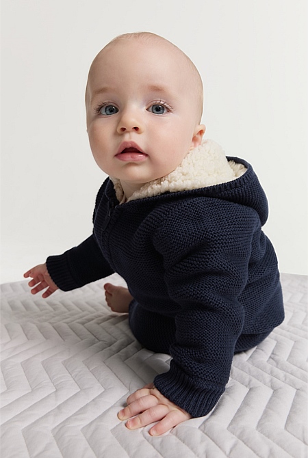 Claire & Charlie Baby Boys Royal Blue Stripe Knit Romper - Farm Barn & Tractors