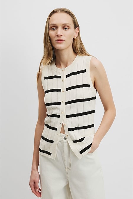 Organically Grown Cotton Linen Stripe Button Front Tank