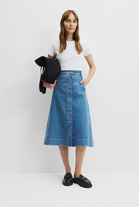 A-Line Denim Midi Skirt