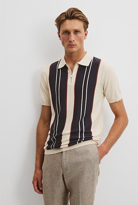 Cotton Silk Panel Zip Polo