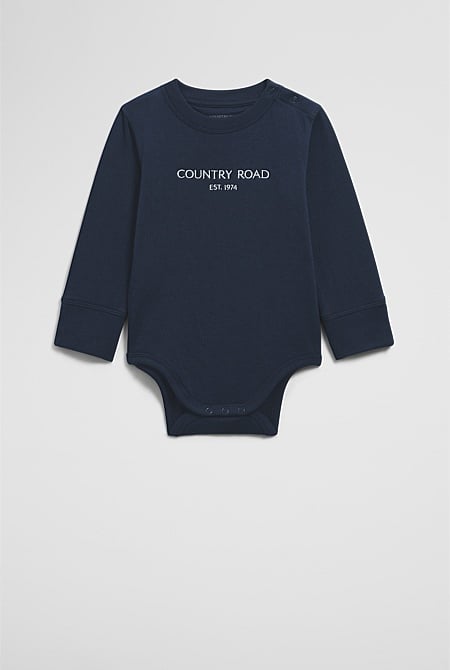 Organically Grown Cotton Contrast Logo Long Sleeve Bodysuit