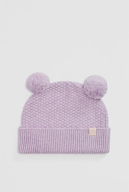 Organically Grown Cotton Blend Pom Ears Knit Beanie