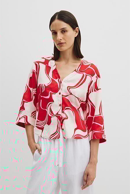 Organically Grown Cotton Print 3/4 Sleeve Linen Shirt