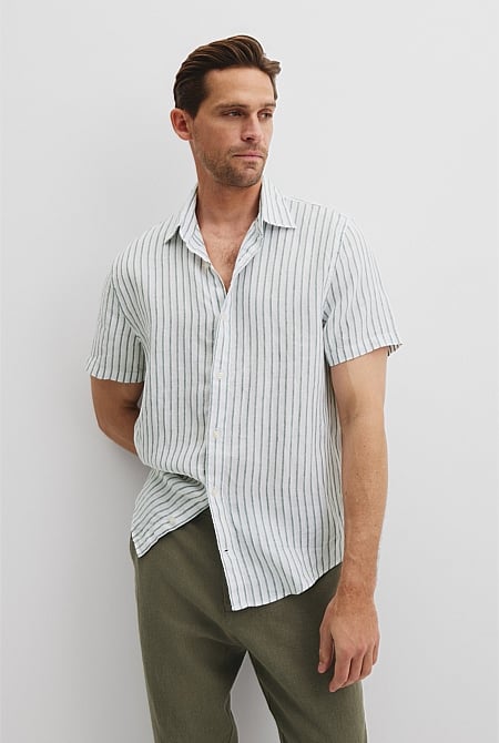 Regular Fit Organically Grown Linen Short Sleeve Stripe Shirt