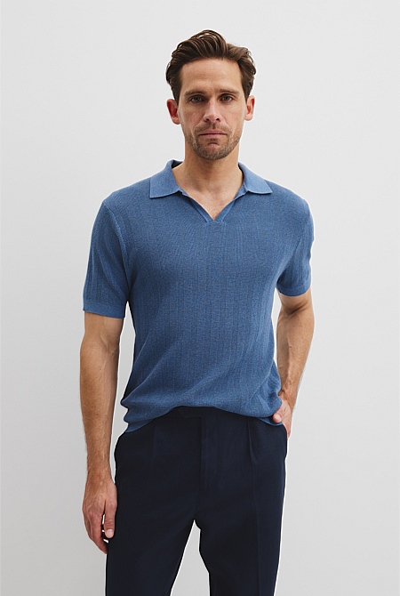 Cotton Silk Stripe Open Neck Polo