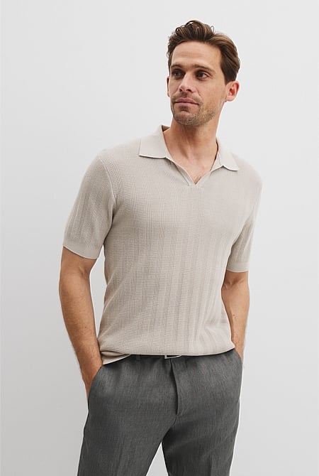 Cotton Silk Stripe Open Neck Polo