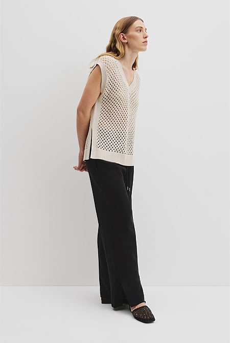 Organically Grown Cotton Linen Open Mesh Knit T-Shirt