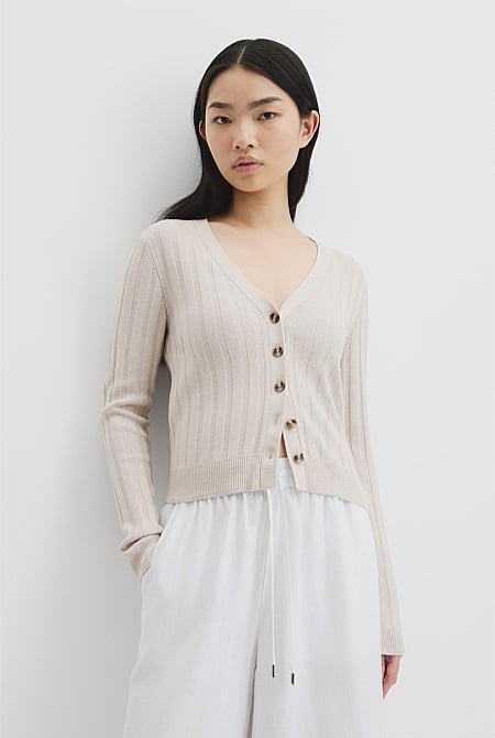 Organically Grown Cotton Blend Fitted Knit Cardigan