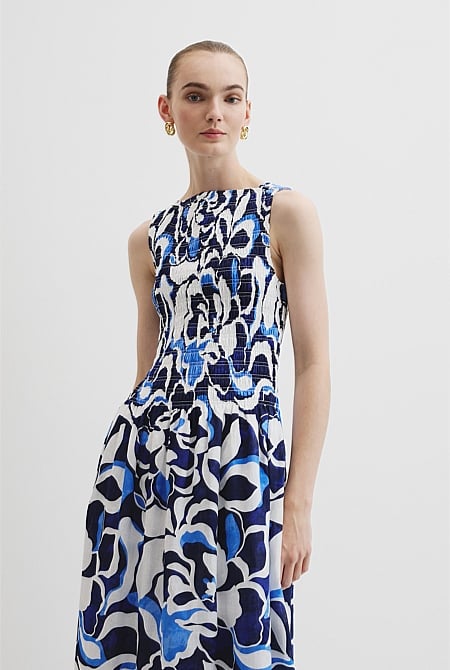 Print Shirred Midi Dress