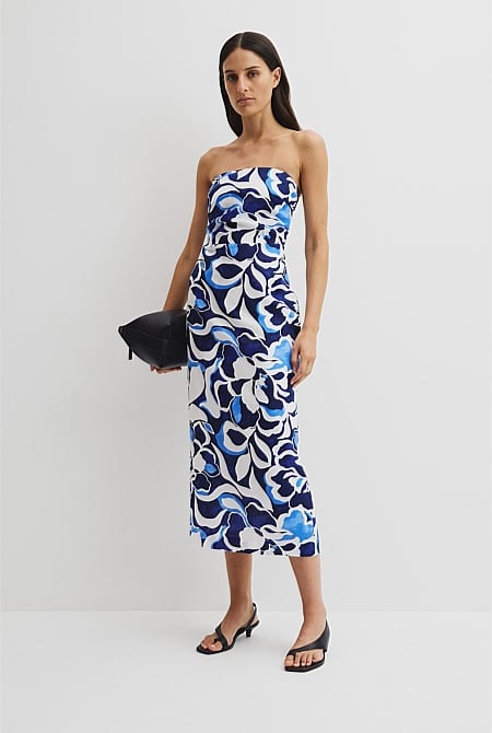 Organically Grown Linen Print Strapless Midi Dress