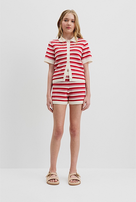 Teen Australian Cotton Stripe Polo Knit Top