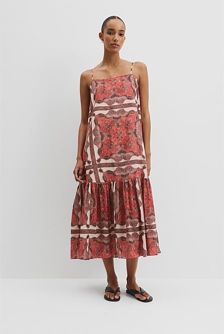 Australian Good Earth Cotton Print Tiered Slip Dress