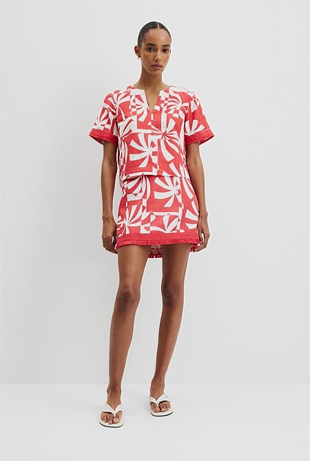 Organically Grown Linen Print Fray Mini Skirt