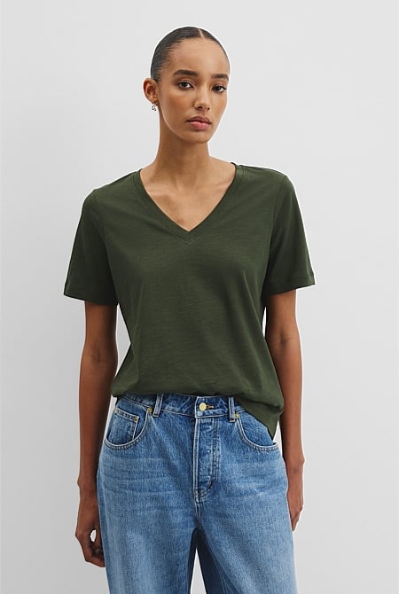 Australian Good Earth Cotton Short Sleeve V-Neck T-Shirt