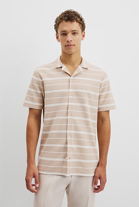 Textured Short Sleeve Cuban Stripe Shirt