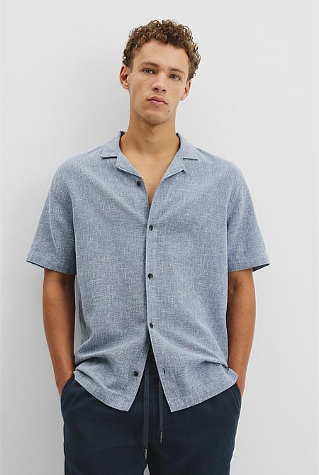 Short Sleeve Cotton Linen Basket Weave Shirt