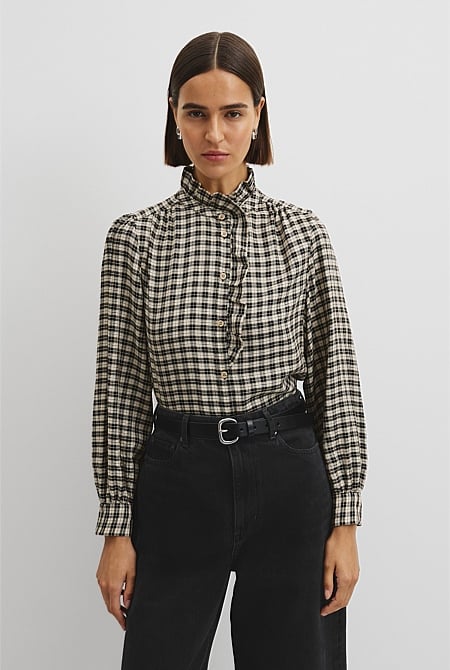 Check Long Sleeve Ruffle Shirt