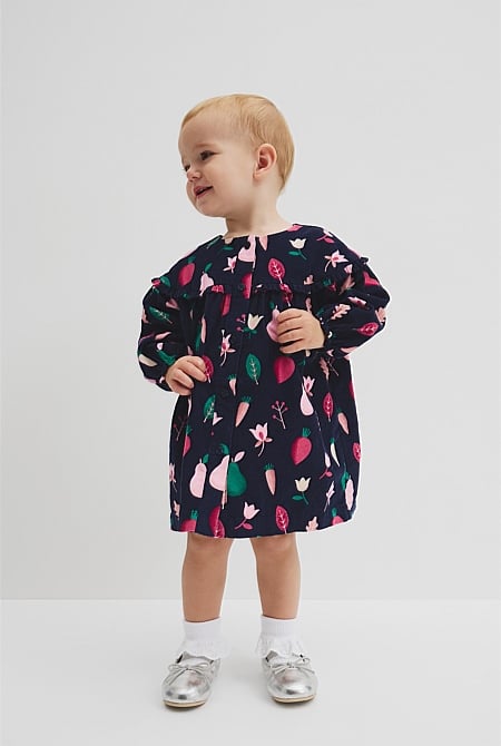 Fruit Frill Long Sleeve Cord Dress