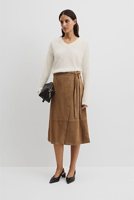 Suede Wrap Midi Skirt