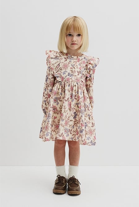 Organically Grown Cotton Printed Ruffle Cord Dress