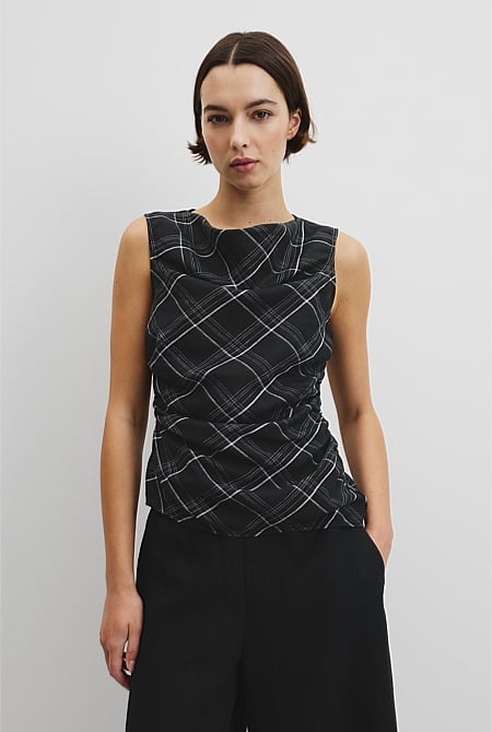 Organically Grown Linen Check Ruched Linen Tank