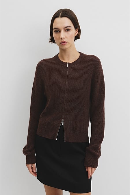 Australian Cotton Wool Blend Zip Through Knit Cardigan
