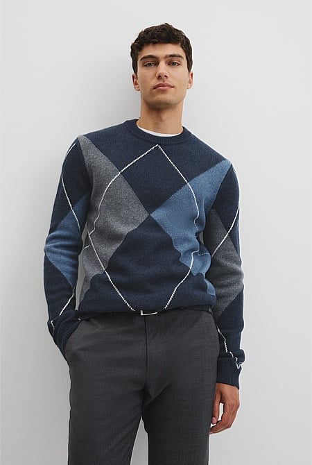 Merino Wool Argyle Crew Neck Knit