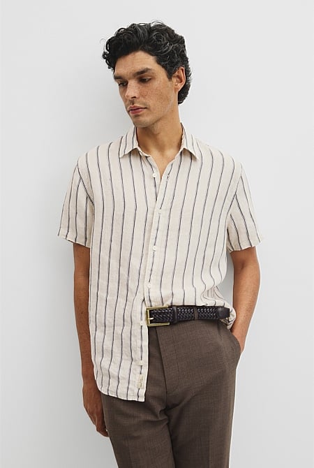 Short Sleeve Regular Fit Linen Stripe Shirt