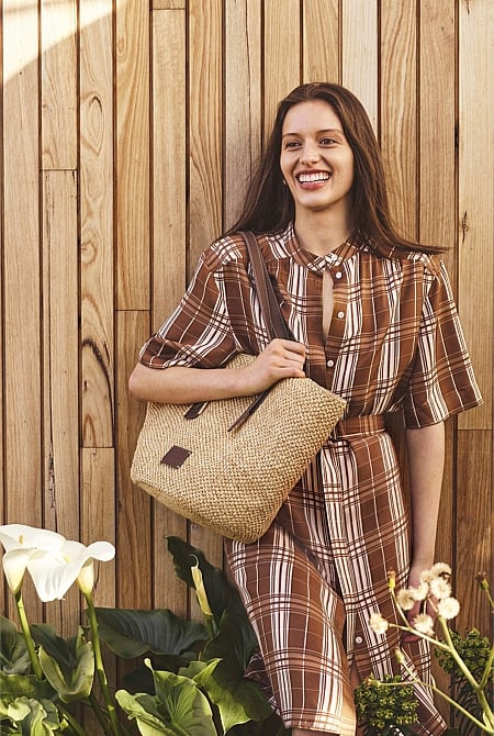 Check Washable Silk Shirt Dress
