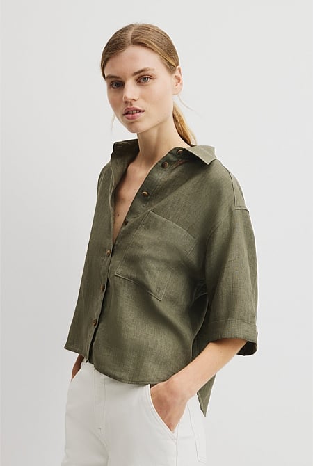 Short Sleeve Crop Linen Shirt