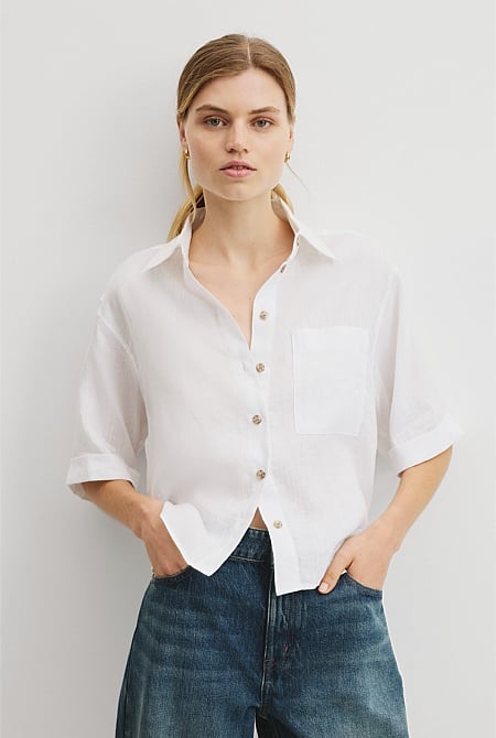 Short Sleeve Crop Linen Shirt