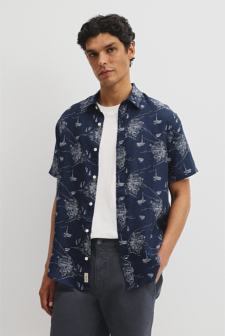 Regular Fit Linen Coastline Print Shirt